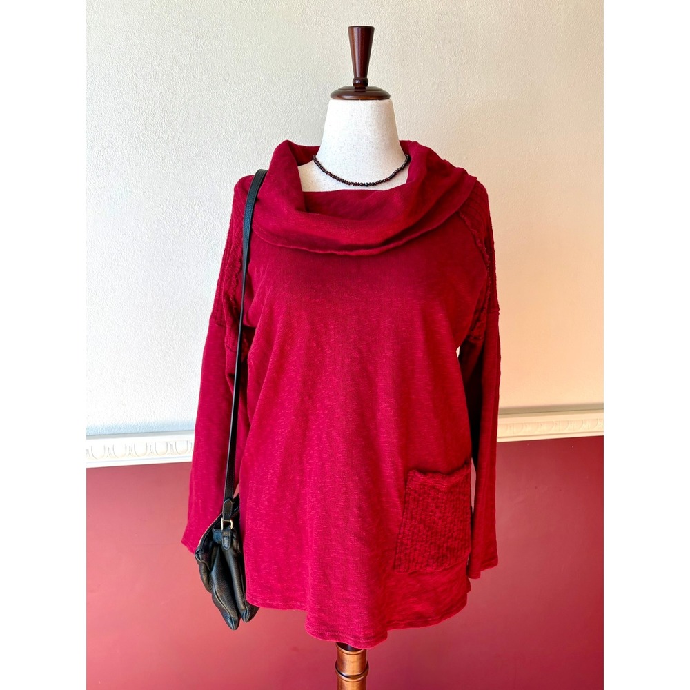 Chalet et Ceci Red 100% Cotton Cowl Tunic Top Lagenlook Textured Knit S Relaxed